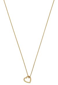 Eine goldfarbene Halskette mit einer gedrehten Kette und einem herzförmigen Anhänger mit Perlenakzenten, die ein zartes und minimalistisches Design zeigt.