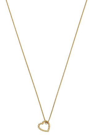 Collana in tono oro con catena intrecciata e pendente a forma di cuore con accenti di perline, che mostra un design delicato e minimalista.