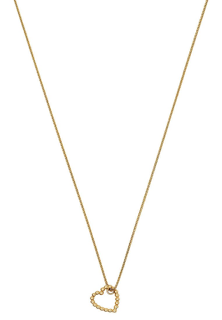 Eine goldfarbene Halskette mit einer gedrehten Kette und einem herzförmigen Anhänger mit Perlenakzenten, die ein zartes und minimalistisches Design zeigt.