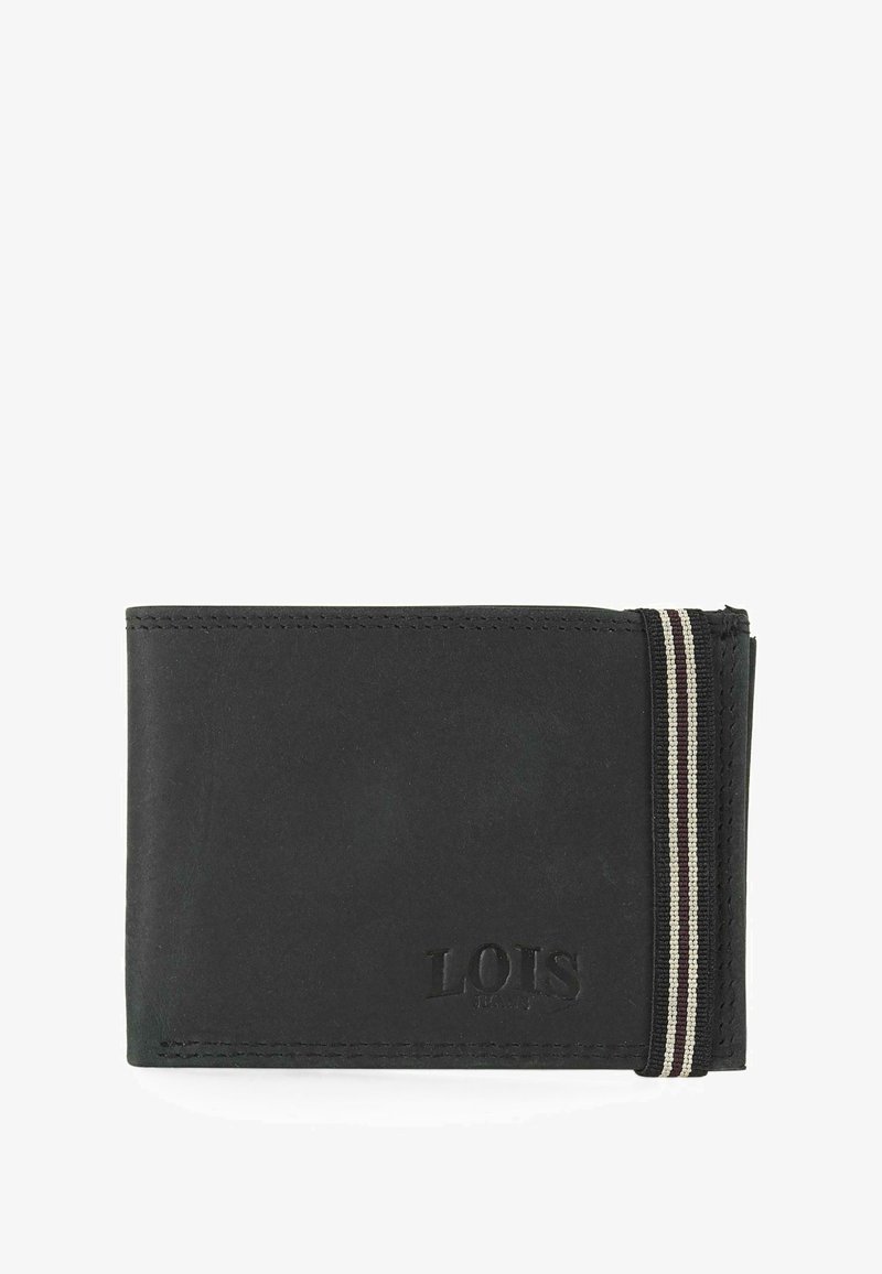 Billetera de piel negra con un acabado texturizado, que presenta una banda elástica a rayas en un lado y un logotipo en relieve en la parte inferior.