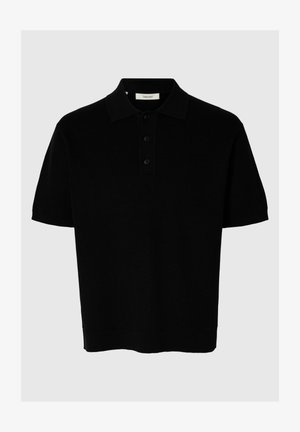 Čierna krátky rukáv pletená polokošeľa s tromi gombíkmi a rebrovaným golierom a lemom, zobrazená na jednoduchom svetlom pozadí.
