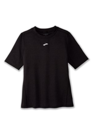 T-shirt atletica nera realizzata in tessuto leggero, con collo a giro, maniche corte e un logo bianco sul petto.