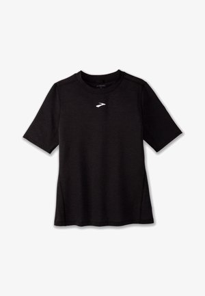 Melnā sporta T-krekls, izgatavots no viegla auduma, ar apaļu kakla izgriezumu, īsām piedurknēm un baltu logotipu uz krūšu daļas.