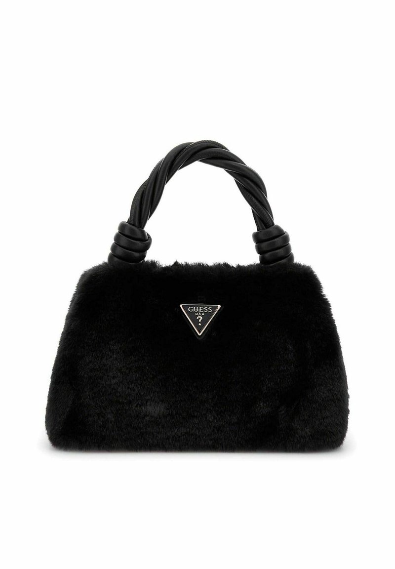Borsa in faux fur nera di Guess con logo triangolare. Presenta manici neri attorcigliati e una forma strutturata, che aggiungono texture ed eleganza.