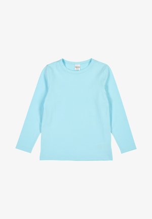 Tričko s dlouhým rukávem v světle modré barvě, vyrobené z měkké bavlněné tkaniny, kulatým výstřihem a jednoduchým designem bez vzorů nebo akcentů.