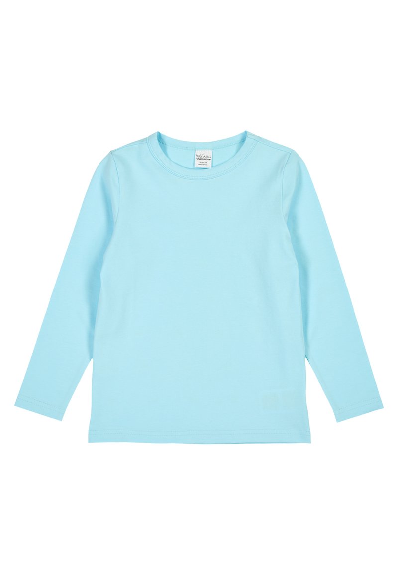 Long-sleeve T-shirt in light blue, made of soft cotton fabric, round neckline, and simple design without patterns or accents.