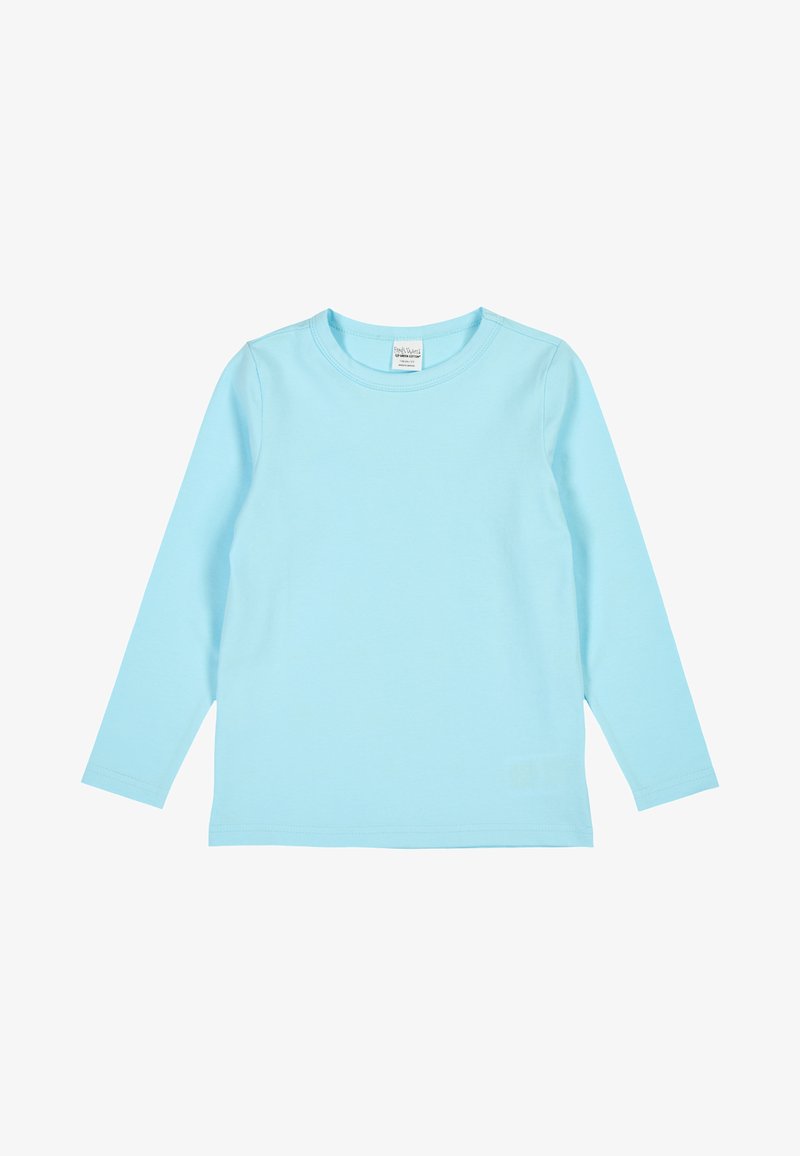 T-shirt a maniche lunghe di colore azzurro chiaro, realizzato in morbido cotone, con collo rotondo e design semplice senza fantasie o accenti.