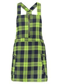 Karierte Latzkleid in Neon-Grün und Marineblau. Verfügt über überkreuzte Träger, einen Reißverschluss vorne und zwei Seitentaschen. Hergestellt aus einem strukturierten Stoff.