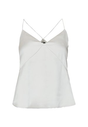 Camisola bianca con spalline sottili, caratterizzata da un design a scollo a V, un corpetto aderente e un tessuto liscio e leggero. Nessun motivo visibile.