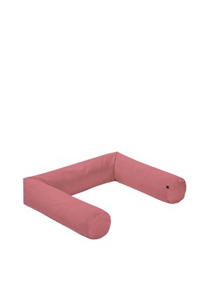 U-shaped pink fabric bolster pillow with cylindrical arms designed for support or lounging.