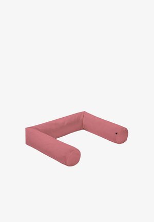 U-shaped pink fabric bolster pillow with cylindrical arms designed for support or lounging.