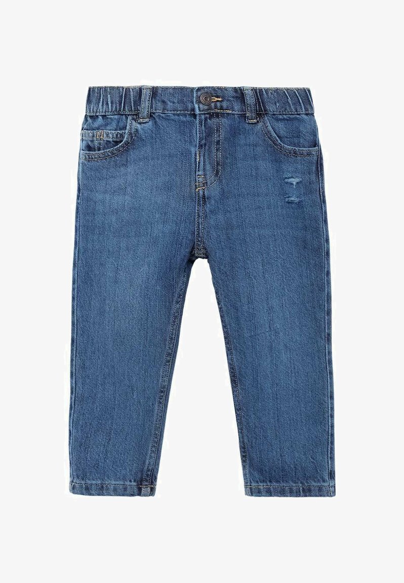 Blugi din denim de culoare albastru mediu, cu croială dreaptă, talie elastică, buzunare cusute și detalii ușor uzate pe față.