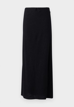 Fekete maxi szoknya sima, könnyű anyagból. Rugalmas derékrésszel és húzózsinórral rendelkezik. Egyszerű, egyenes vonalú szabás, szegéllyel.