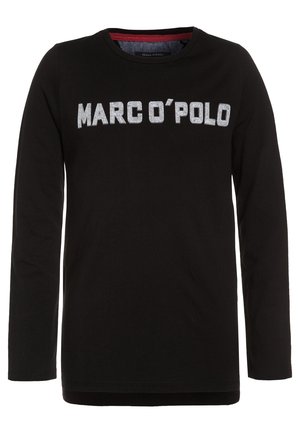 Camisa negra de manga larga con cuello redondo y "MARC O'POLO" impreso en el pecho con letras grandes blancas.