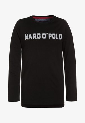 Camisa negra de manga larga con cuello redondo y "MARC O'POLO" impreso en el pecho con letras grandes blancas.