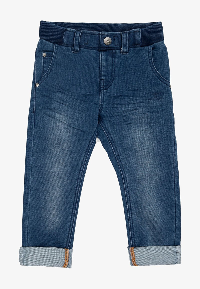 Jean denim bleu roulé pour tout-petits avec taille élastique, bouton avant, passants pour ceinture et poches latérales avec rivets métalliques.