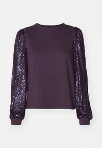 Top de manga larga morado con un cuerpo liso y mangas abullonadas de lentejuelas. Puños y cuello acanalados, con un corte relajado y una textura suave.