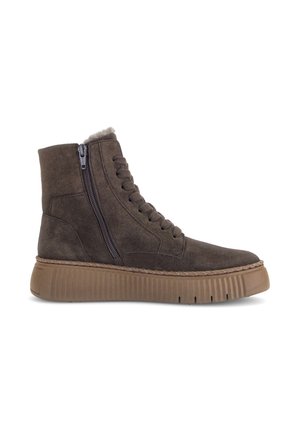 Brauner Wildleder-High-Top-Stiefel mit Schnürung vorne, seitlichem Reißverschluss, dicker beiger Gummisohle und sichtbarem Fleecefutter am Schaft.