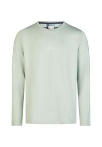 Lichtgroen overhemd met lange mouwen en ronde hals, kleine witte tekst "PHIL & CO. WEEKEND COLLECTIE" op de borst en geruite voering van de kraag.