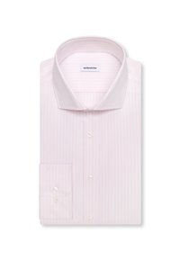 Chemise habillée rose clair à manches longues avec fines rayures verticales, col italien, poignets boutonnés et boutons sur le devant.