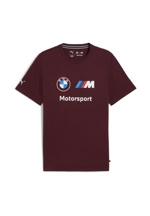 Mørkebrun bomulds t-shirt med BMW og M Motorsport logoer i hvid og blå, med rund hals og korte ærmer.
