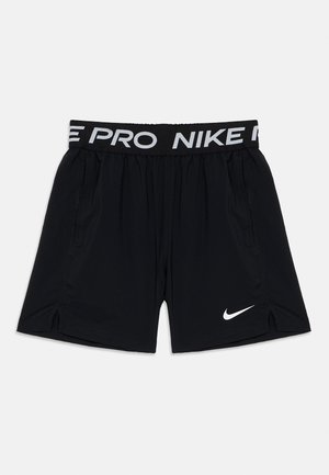 Čierne šortky Nike Pro s elastickým pásom, na ktorom je nápis „NIKE PRO“ a biely logo Nike swoosh na ľavej nohe.