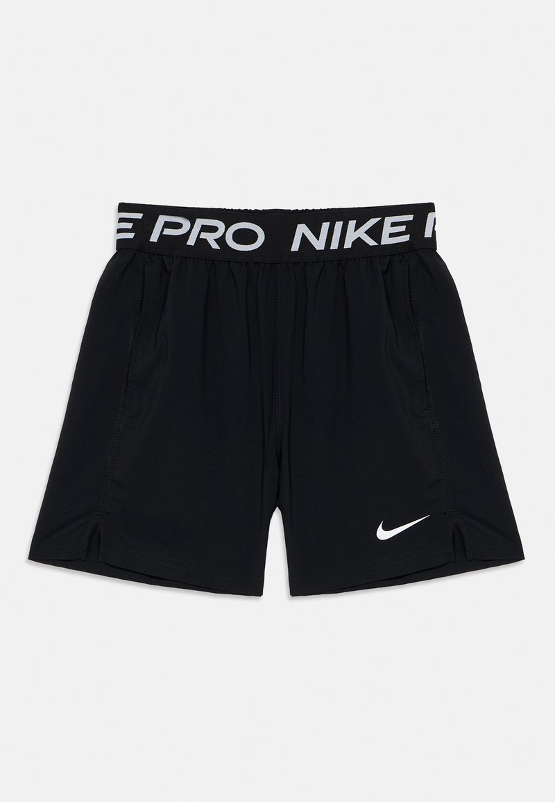 Μαύρα σορτς Nike Pro με ελαστική ζώνη μέσης που διαθέτει το κείμενο "NIKE PRO" και λευκό λογότυπο Nike swoosh στο αριστερό πόδι.