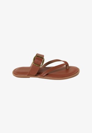 Brown flat sandal with thin straps and a gold buckle on a white background, side view.