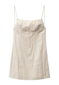 Rochie slip de culoare bej deschis, confecționată dintr-un material texturat, având bretele subțiri, un decolteu drept și o croială lejeră. Fără închizători vizibile.