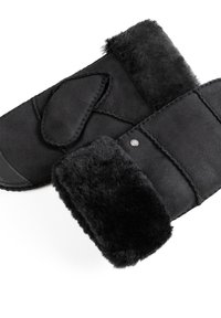 Schwarze Wildlederhandschuhe mit einem weichen Kunstfellbund. Mit einem gestickten Design und einem metallischen Knopfakzent. Strapazierfähige und warme Textur.
