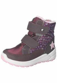 Botas altas moradas y rosas con patrón de estrellas, dos correas de Velcro, forro de forro polar y suela de goma. Punta reforzada para mayor durabilidad.