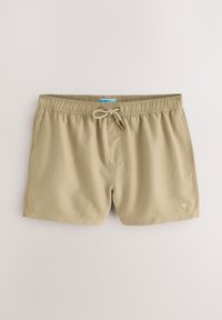 Maillot de bain pour homme en kaki, fabriqué en tissu léger. Comprend une taille élastique avec cordon de serrage et un logo de palmier.