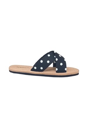 Sandalo piatto con cinturini incrociati blu navy con pois bianchi e suola intrecciata color crema.