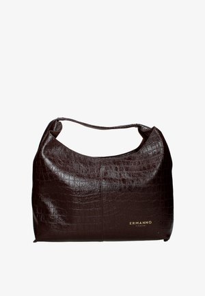 Borsa a spalla in pelle marrone con stampa coccodrillo, con parte superiore curva e logo dorato. Presenta una texture liscia e senza cuciture e una silhouette morbida.