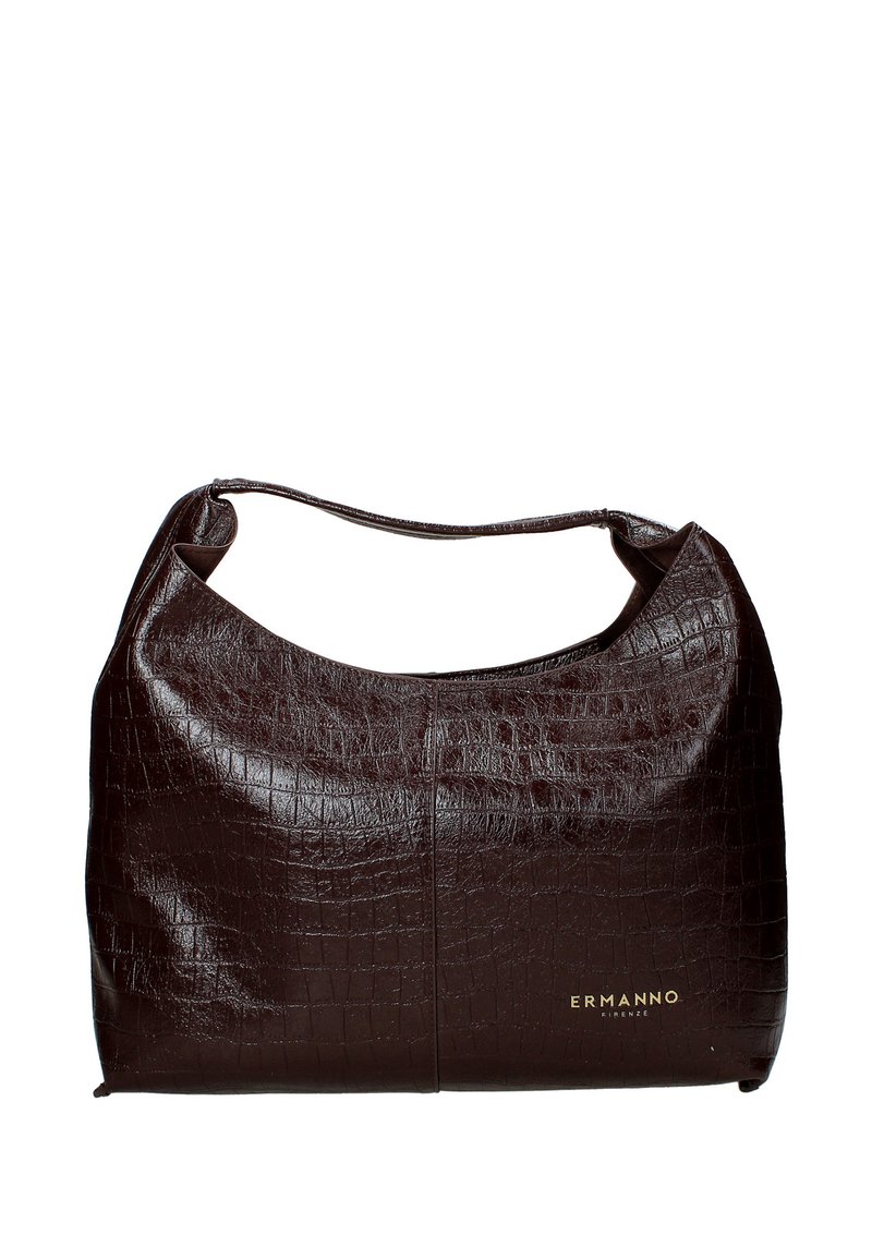 Borsa a spalla in pelle marrone con stampa coccodrillo, con parte superiore curva e logo dorato. Presenta una texture liscia e senza cuciture e una silhouette morbida.