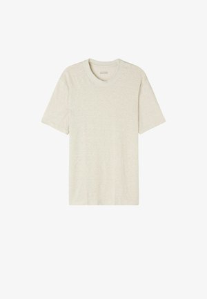 Light beige short-sleeve T-shirt made of soft, textured fabric with a crew neckline and a relaxed fit. No visible patterns or accents.