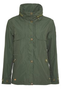 Veste imperméable vert olive à col montant, boutons-pression dorés, poches zippées sur la poitrine et les côtés, et sangles de poignet ajustables.
