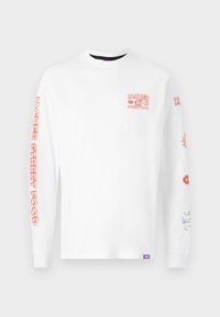 White long-sleeve t-shirt made of cotton. Features colorful graphics on the chest and both sleeves, with a crew neckline and relaxed fit.