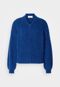 Modrý pletený cardigan se zipovým předním uzávěrem, ribkovanou strukturou a balónovými rukávy. Vyroben z měkkého materiálu, má kulatý výstřih a bez kapes.