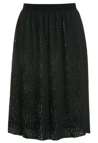 Gonna midi nera plissettata con una vita testurizzata, caratterizzata da strisce verticali per una leggera lucentezza e una silhouette fluida.