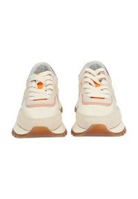 Sneakers with a light beige suede and leather upper, orange and pink accents, white laces, and a textured rubber sole.