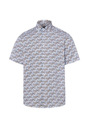 Hellblaues Hemd mit kurzen Ärmeln und Knopfleiste mit wiederholendem Muster aus braunen und schwarzen tropischen Blättern und Pflanzen.