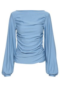 Haut à manches longues bleu clair avec un décolleté carré, un corsage froncé et des manches bouffantes avec des détails de poignets. Tissu doux et extensible.