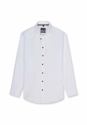 Camicia bianca a maniche lunghe con bottoni neri e colletto spread, esposta su uno sfondo bianco semplice.