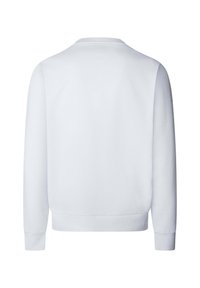 Sudadera blanca de cuello redondo con mangas largas, hecha de suave tela de algodón. Puños y dobladillo de canalé. Sin logotipos ni patrones visibles.