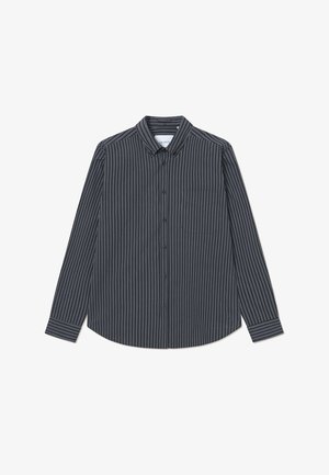 Zwart-witte gestreepte overdongshemd met een button-down kraag, één borstzak en een gladde, geweven textuur.