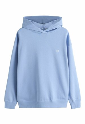 Hellblauer Pullover-Hoodie mit langen Ärmeln und kleinem weißem "self."-Schriftzug auf der linken Brust, gerippte Bündchen und Saum, keine sichtbaren Taschen.