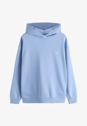 Hellblauer Pullover-Hoodie mit langen Ärmeln und kleinem weißem "self."-Schriftzug auf der linken Brust, gerippte Bündchen und Saum, keine sichtbaren Taschen.