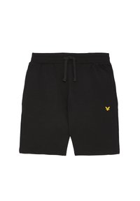 Sorte shorts lavet af blødt stof, med en elastisk talje med snøre og et lille gult logo på venstre lår.