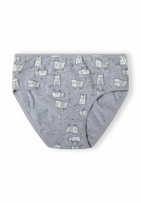 Pelēki kokvilnas apakšveļa ar baltu karikatūru kaķu rakstu, kuriem ir vienkāršas sejas izteiksmes, ap kuriem ir mazi ģeometriski formas.